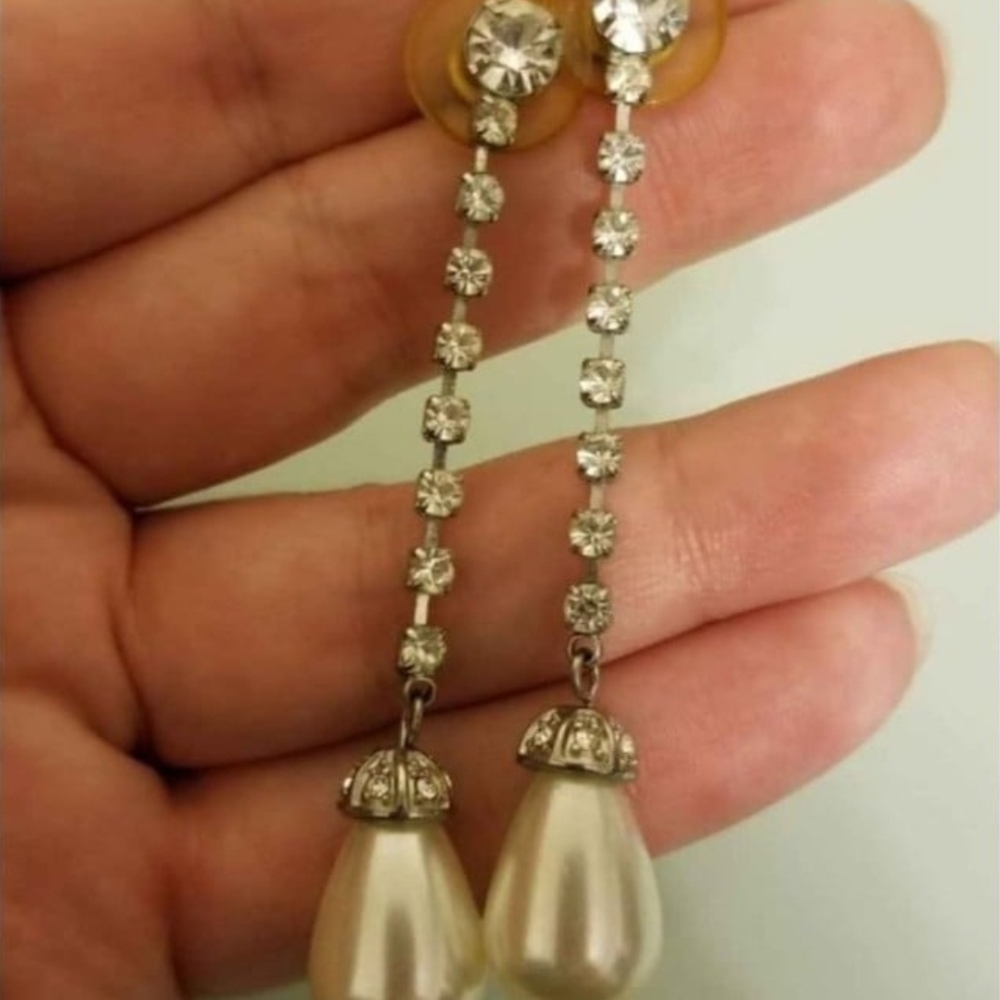 EARRINGS Vtg antique rhinestone pearl dangle pierced
